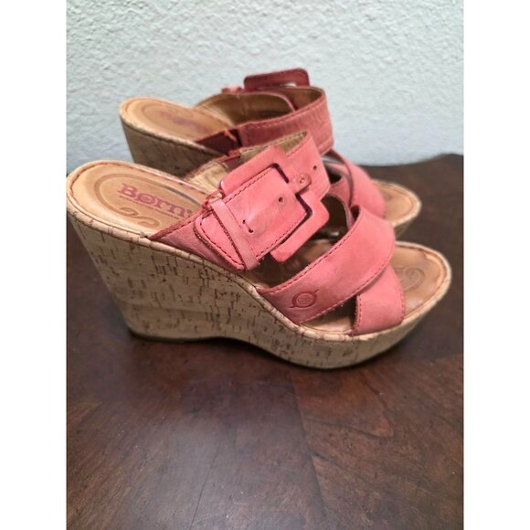 Born Coral Leather Wedge Sandals Adjustable Buckle & Cork Heel Women Size 7 - Picture 3 of 10